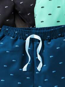 Set de 3 pantalones cortos deportivos de estilo casual y suelto con estampado de espiga para adolescentes varones, conjunto de múltiples colores a juego