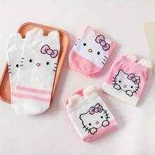 Sanrio 1Pair Sanrio Short Socks Featuring Hello Kitty In A Striped Heart Design, Perfect For Spring And Summer, Cute And Versatile For Casual Wear.