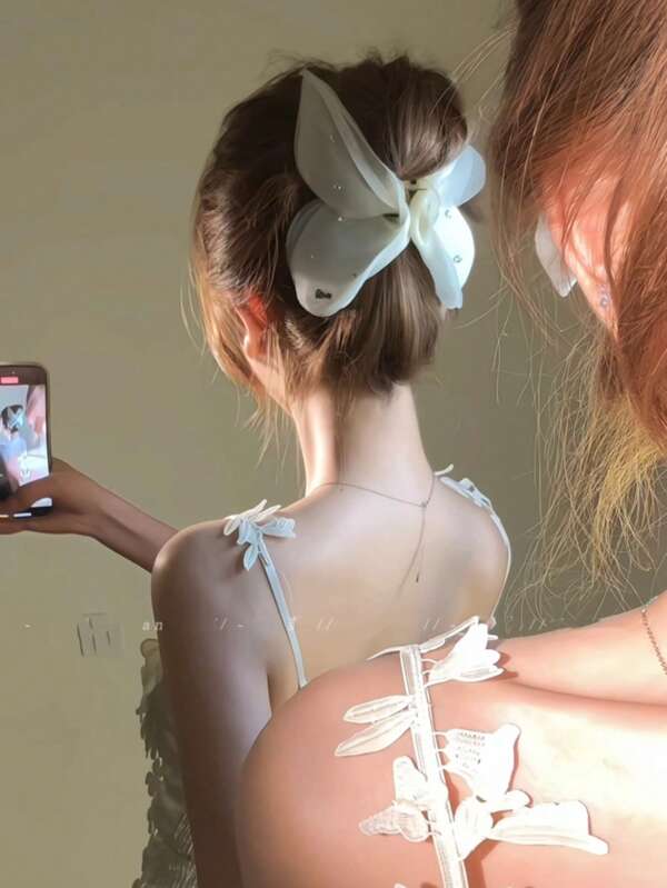 1pc Elegant Butterfly Accent Hairclip, Chic French Style Sheer Shiny Mesh Design Hair Claw Clip For Women