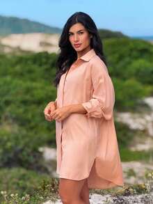 Plain Chemise Shirt Beach Cover-Up - Nude - View 4