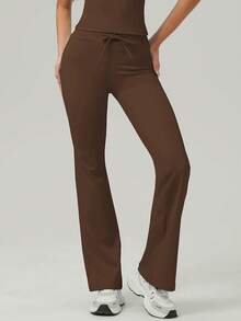 Women's Adjustable Drawstring T-Shaped Hip Line Sports Outdoor Dance Flared Pants - Coffee Brown - View 3