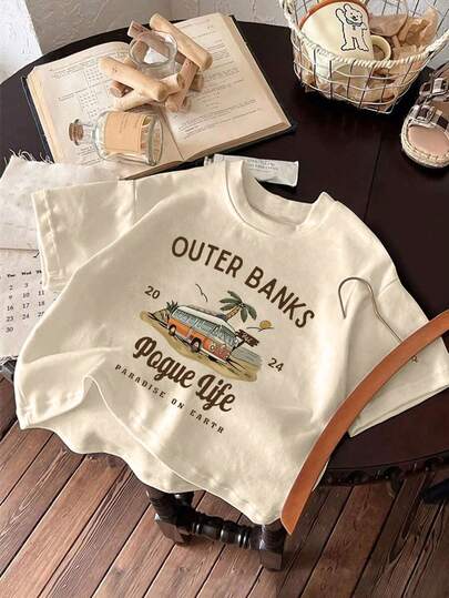 女童休闲印花杏色圆领短袖 T 恤，青少年和学生夏季上衣