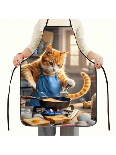 1 Adet Mavi Cepli Şakacı Turuncu Kedi Şef Önlüğü - Eğlenceli Mutfak Tasarımı, Polyester Kumaş, Sevimli Yemek Pişirme Kedi İllüstrasyonu, Ev veya Kafe Kullanımı İçin Mükemmel, Kedi Önlüğü