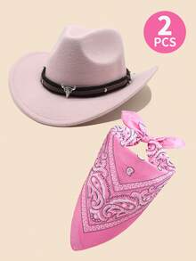 2件套儿童粉色牛仔帽，西部毡制牛仔帽，配头巾和皮带，适合青少年男孩女孩生日、万圣节派对，套装包含1顶粉色牛仔帽和1条粉色头巾 - Pink Hat+Pink Bandana - 查看 7