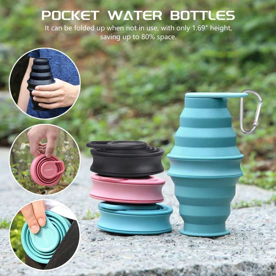 Nefeeko Collapsible Water Bottle,17oz(500ml) Reuseable Silicone Foldable Water Bottles For Travel Gym Camping Hiking, Portable Leak Proof Sports Water Bottle With Carabiner - Black - View 1