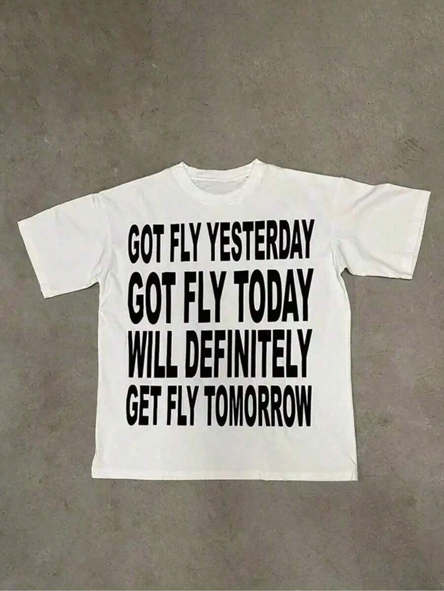 2026    Men's Summer Round Neck Short Sleeved Casual Pure Cotton Print   GOT FLY YESTERDAYGOT FLY TODAY WLL DEFINITELY GET FLY TOMORROWCasual Daily Wear - 白色 - 查看 1