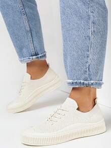 Mesh Sneakers With Embossed Sole For Daily Wear - Beige - View 2