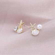 Boho Shell Earrings For Women,Asymmetry Exquisite Starfish Shell Earring Crystal Pearl Earring Beach Jewelry Gift - trắng - Xem 10
