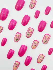 立即提升您的外观，24 件/套短椭圆形粉色光泽可爱小花 Ins 风格假指甲，24 件立体浮雕花朵按压指甲套装，适合辣妹、办公室女性、派对、约会和日常穿着和派对使用