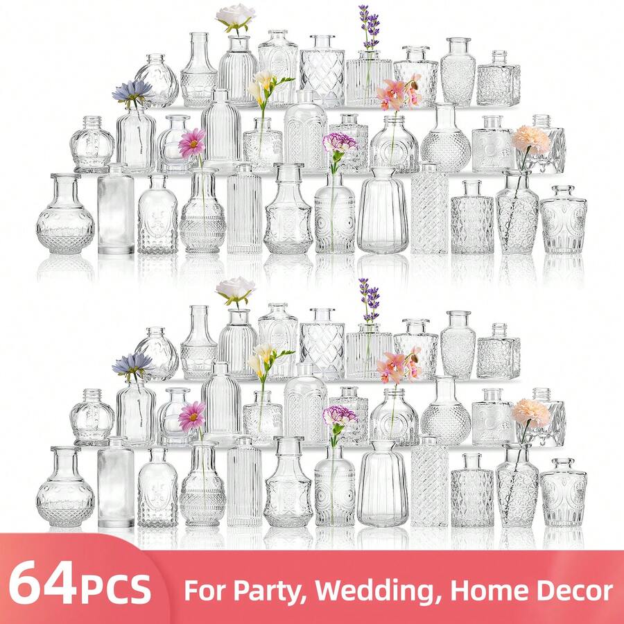 Tomnk Wholesale Glass Bud Vases Bulk Set Of 64 – Small Business Bulk Purchase For Flower, Rustic Weddings, Centerpieces & Home Decor | Discount Small Order Vases For Florists & Event Planners, Mother's Day Decor, Ideal Mother's Day Gift - Trong sáng - Xem 1