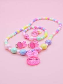 5pcs/Set Girls Cute Rainbow Pendant Beaded Necklace, Bracelet, Ring And Earrings, Lovely Jewelry Gift, Children Accessories (Bead Colors Random)