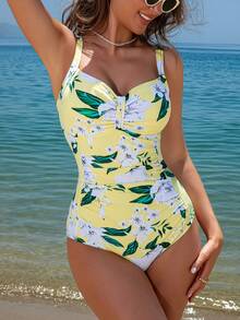 女士时尚花卉印花荷叶边修身连体泳衣，收腹，夏季海滩度假 - 黃色 - 查看 6