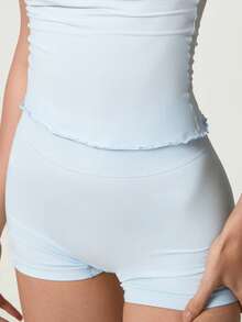 NcmRyu 1 Set Women's Fashionable Solid Color Slim Fit Shaping Short Sleeve Shorts Sports Suit - Baby Blue - View 4