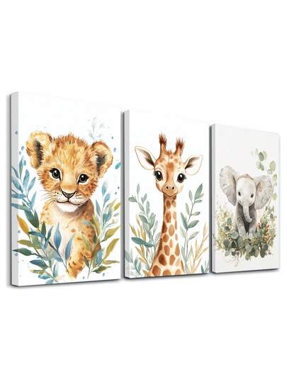 Set Of 3 Cute Safari Animals Wall Art Decor, Whimsical Modern Artwork, Pastel Colors Canvas Print Wall Arts, Wild Friends Posters, Nature Paintings, Serenity Vibes Home Decor, Poster, Wall Arts, Ideal Gift, Optional Framed