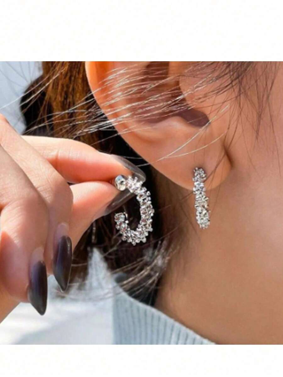 Bohemian C-Shaped Silver Hoop Earrings, Round Stud Earrings, Open Circle Hoop Earrings, Minimalist Open Circle Ring Earrings For Women