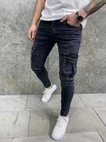 Jeans negros lavados de corte skinny y elástico de unicolor para hombre