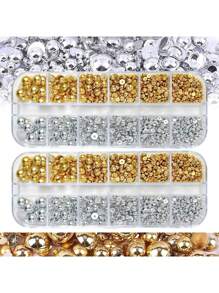 12 Grid/Box Mixed Gold And Silver Semi-Circular Pearl Flat Bottom Pearl,Nail Accessories,DIY Nail Accessories,Nail Art,For Boys And Girls,Punk Style