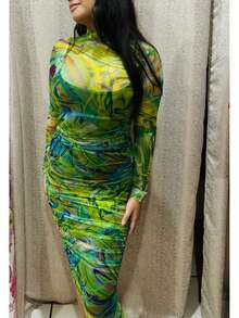 NEON PRINT MESH MOCK NECK RUCHED MIDI DRESS  All Over Print  Elegant    Sheer  Split  Ruched - 綠色 - 查看 2