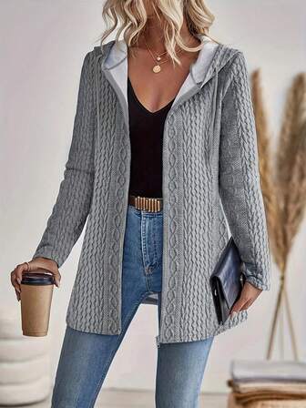 Plus Size Women Fashion Elegant Textured Melange Zip-Up Hooded Cardigan Coat, Autumn/Winter