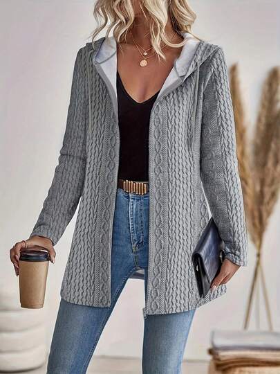 Plus Size Women Fashion Elegant Textured Melange Zip-Up Hooded Cardigan Coat, Autumn/Winter Spring