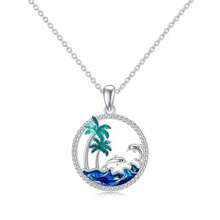 Summer Ocean Palm Tree Hollow Design Necklace & Earring Jewelry Set, Palm Tree, Sea Wave, Mother-Child Dolphin Pendant Necklace, Gift For Women, Girlfriend, Mom