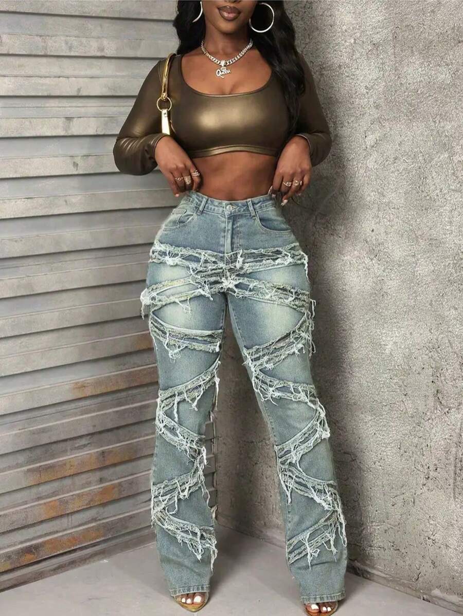 2025 Summer New Denim Laminated Hole Washed Straight Tube Fringe Fashion Casual Jeans - Màu xanh lam - Xem 1
