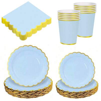 10/20/50pcs,Scalloped Blue Paper Plates,Cups And Napkins Tableware Set, Gold Foil Border Party Decor Supplies Scalloped Paper Disposable Decorative Plates Napkins And Cups For Dessert Appetizer Party Favors