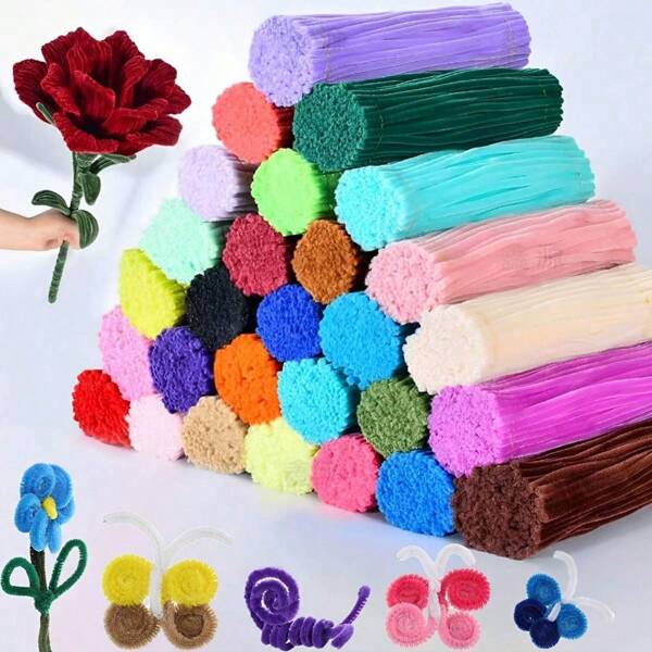 100 pièces Chenilles assorties en couleurs pour l'artisanat et les projets DIY, kit de nettoyants torsadés à 2 couleurs, pack de fleurs en chenille