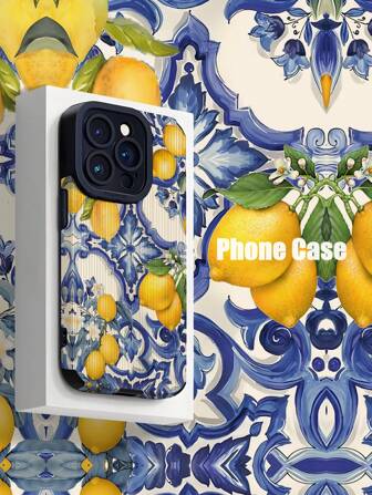 1pc Retro Blue Floral & Lemon Print Striped Faux Leather Shockproof Soft Phone Case Compatible With Apple And 15/15PLUS/15PRO/15PROMAX Waterproof Anti-Fall Scratch Resistant
