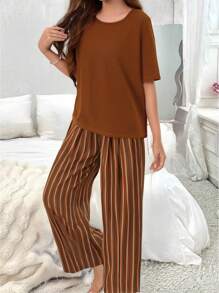 2pcs Women Sleepwear Set, Solid Color & Striped Two Pieces Outfit, T-Shirt Top And Striped Contrast Long Pants, Comfortable Spring/Summer Short Sleeve Long Pants Two Pieces Home Wear