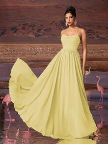 AOSHABABI Cream Yellow Solid Color Draped Chiffon Elegant Evening Dress, Suitable For All Formal Occasions, Large Formal Events, Wedding Guest, Music Festival, Holiday Party, Graduation Dance, Cocktail Party, Date, Vacation And Bridesmaid Dress, Gown - Mustard Yellow - View 2