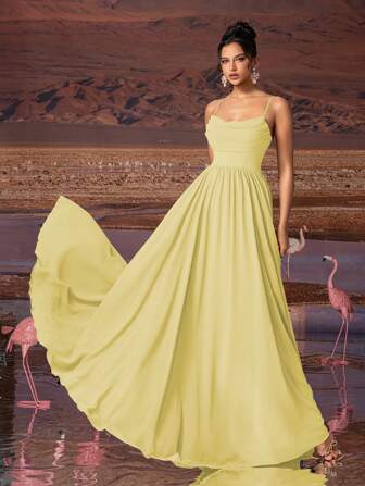 AOSHABABI 奶油黄色纯色垂坠雪纺优雅晚礼服，适合所有正式场合、大型正式活动、婚礼宾客、音乐节、节日派对、毕业舞会、鸡尾酒会、约会、度假和伴娘礼服、礼服