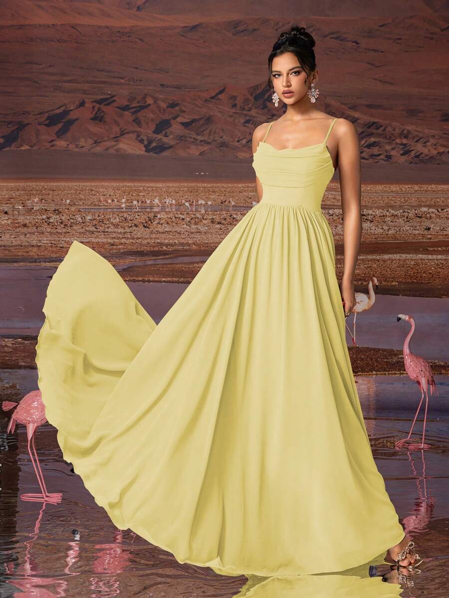 AOSHABABI Cream Yellow Solid Color Draped Chiffon Elegant Evening Dress, Suitable For All Formal Occasions, Large Formal Events, Wedding Guest, Music Festival, Holiday Party, Graduation Dance, Cocktail Party, Date, Vacation And Bridesmaid Dress, Gown
