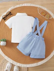 BrownBark 男婴绅士西装，短袖衬衫配蝴蝶结 + 条纹工装短裤，适合春夏季休闲、户外、派对、婚礼 - 白色 - 查看 3