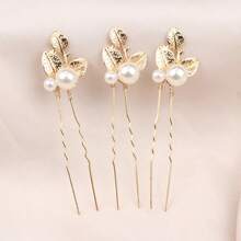 7pcs Gold Leaf Handmade Woven Faux Pearl Crystal Bridal Headpiece Hair Accessories Flower Hair Pin For Wedding Gown Valentine's Day Accessories - Gold - View 5