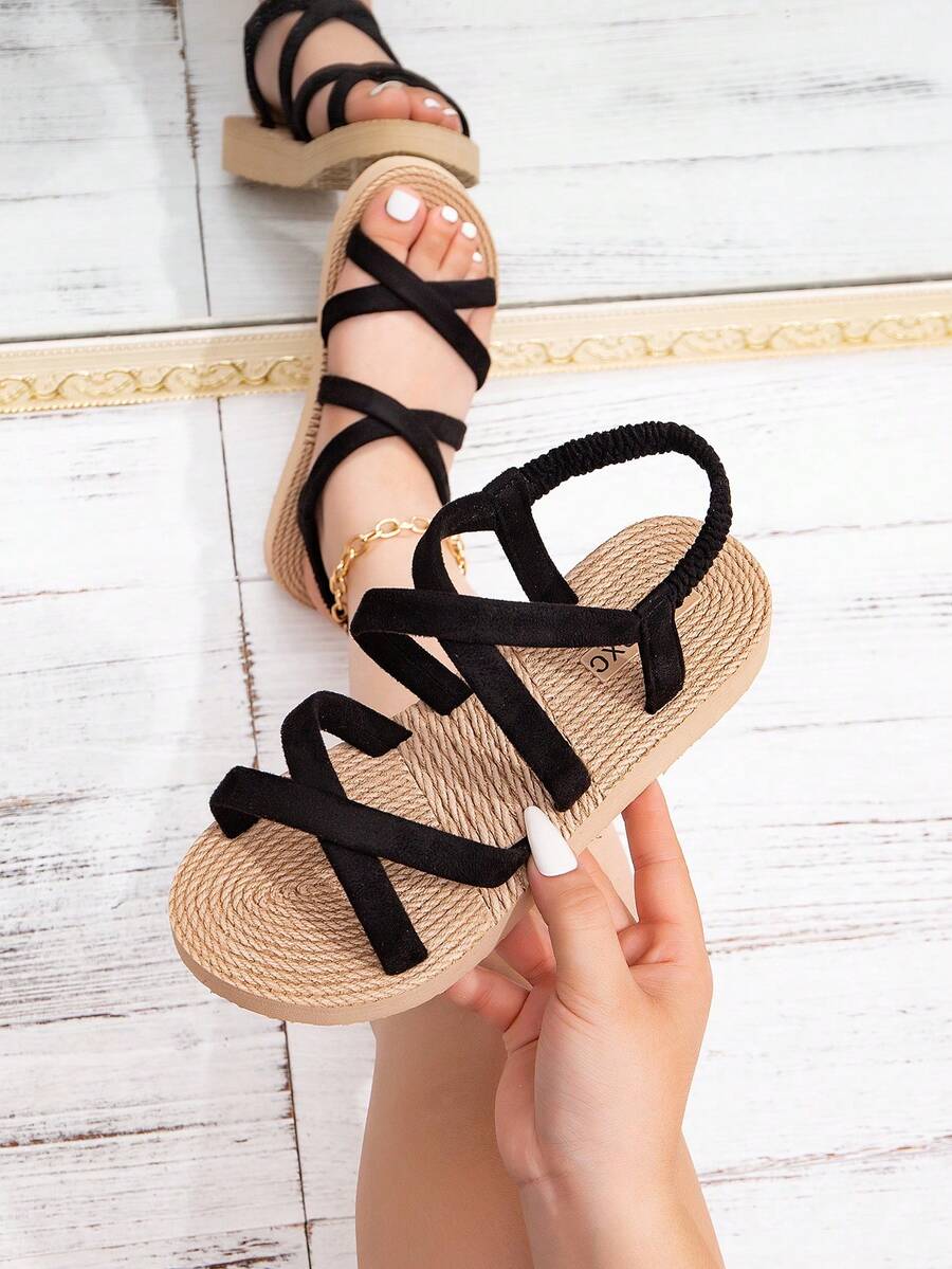 黑色交叉细带宽楦凉鞋（围度较宽，比常规围度宽2个码）美式复古时尚优雅适合搭配连衣裙去海滩度假约会旅行卡其色/黑色凉鞋欧美日韩甜美简约风减龄显瘦轻便舒适透气松紧带易穿脱女式宽楦凉鞋/夏季鞋