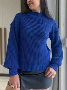 Fang Tricot Puff Sleeve Blouse Women's Long Sleeve Sweater Fashion Blogger - Xanh đậm - Xem 2