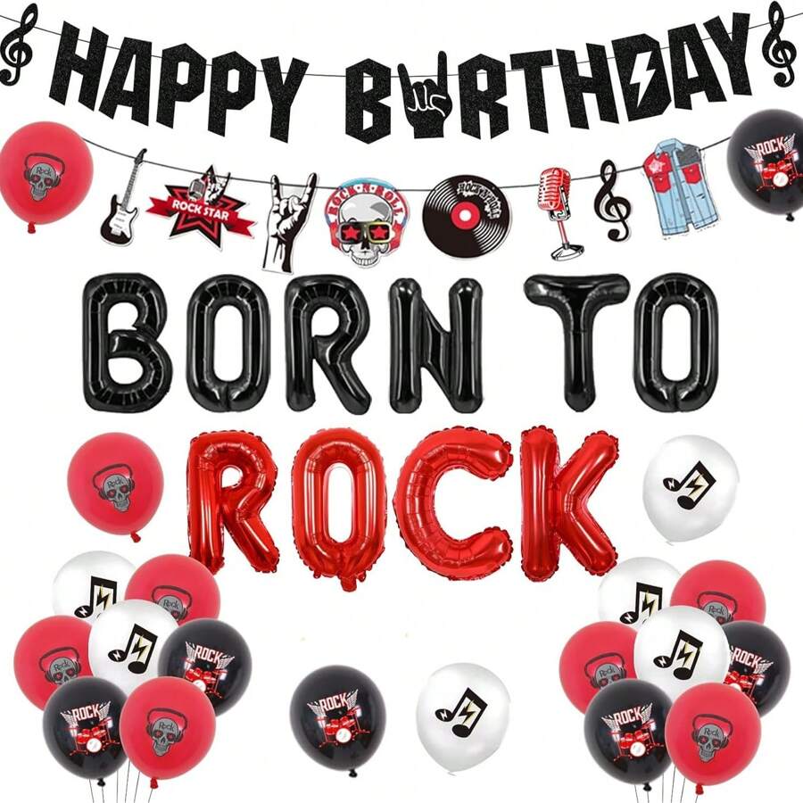 27 szt. Rock and Roll dekoracje na przyjęcie urodzinowe Born To Rock balony Happy Birthday Banner girlanda na urodziny Rock Theme Party Supplies