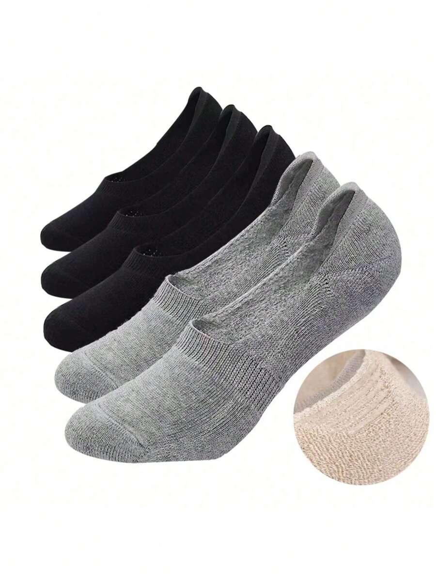 5 đôi tất thuyền chống trượt cổ thấp đệm dày cho nữ, tất không lộ, 2 màu xám nhạt và 3 màu đen, hoàn hảo cho thể thao và mặc thường ngày