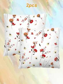 2pcs Ditsy Floral Pattern Decorative Throw Pillow Cases, Letter Print Square Pillowcase Without Filler, Cute Cushion Covers For Sofa, Living Room