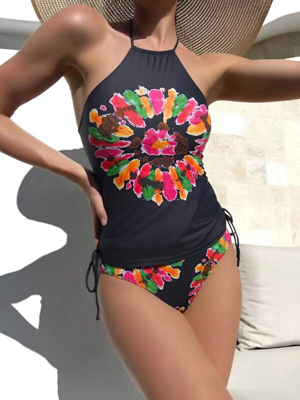 Floral Print Casual Cute Sexy Elegant Boho 3D Flower Open Back Ring Strap Summer Beach Holiday