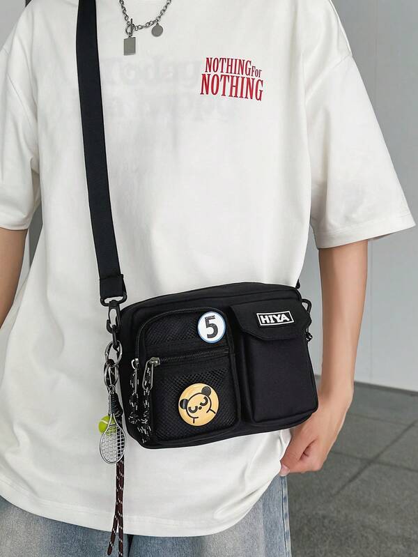 Youth Casual Sports Harajuku Style Double Pocket One Shoulder Slant Cross Body Bag With Pendant Phone Bag