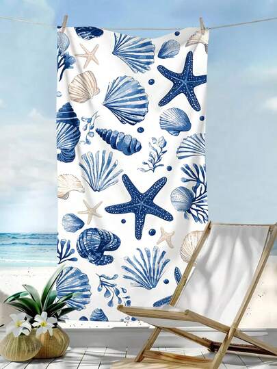 1 Stück ultra-weiches Mikrofaser Strandtuch mit Seestern, Muschel, Meeresschnecke, Ozean-Element Drucken, schnell trocknend und saugfähig, Strandtuch für Outdoor Sport Reisen Schwimmbad Yoga Fitness, Bademode Zubehör Urlaubsnotwendigkeit (einseitiger Muster), Pool Schwimmhilfe