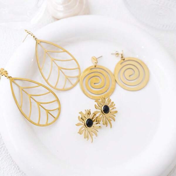 1 paire de boucles d'oreilles en acier inoxydable plaqué or simple et à la mode/Boucles d'oreilles en pierre naturelle noire en forme de tournesol/Boucles d'oreilles en forme de feuille creuse, convenant pour les femmes au quotidien, au travail, aux festivals, à la plage et aux fêtes