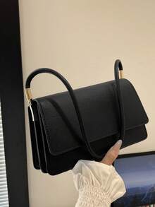 Crocodile Embossed Flap Shoulder Bag, Solid Color Commuter Bag For Daily Use - Black - View 2