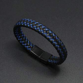 1pc All-Black Leather Bracelet, Punk Style Braided Leather Cord Wristband, Unisex Everyday Wear