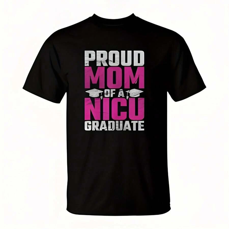 Proud Mom Nicu Graduate T-Shirt 220g High-Quality Pure Cotton T-Shirt With Minimalist Art Pattern Print, Soft And Breathable Fabric, Comfortable And Loose, Suitable For All Day Wear, Graduation Ceony, S-Care Inder, High-End High-Quality Fabric, I Choice For Gift Giving - 黑色 - 查看 1