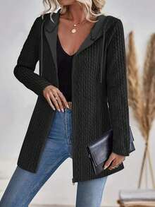 Plus Size Women's Fashion Autumn/Winter Elegant Textured Solid Color Zipper Hooded Cardigan Sweater