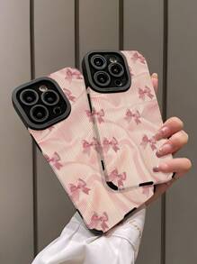 1pc Black Bow Striped Faux Leather Protective Soft Phone Case, Compatible With Apple And 15/15PLUS/15PRO/15PROMAX