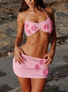 Apperloth A Y3K 3D Flower Summer Beach Outfits Two Pieces Set Women Hollow Out Semi-Sheer Tie Back Knitted Crop Halter Tops And Sexy Low Rise Bodycon Mini Skirt For Island Vacation Solid Color Bikini Sets